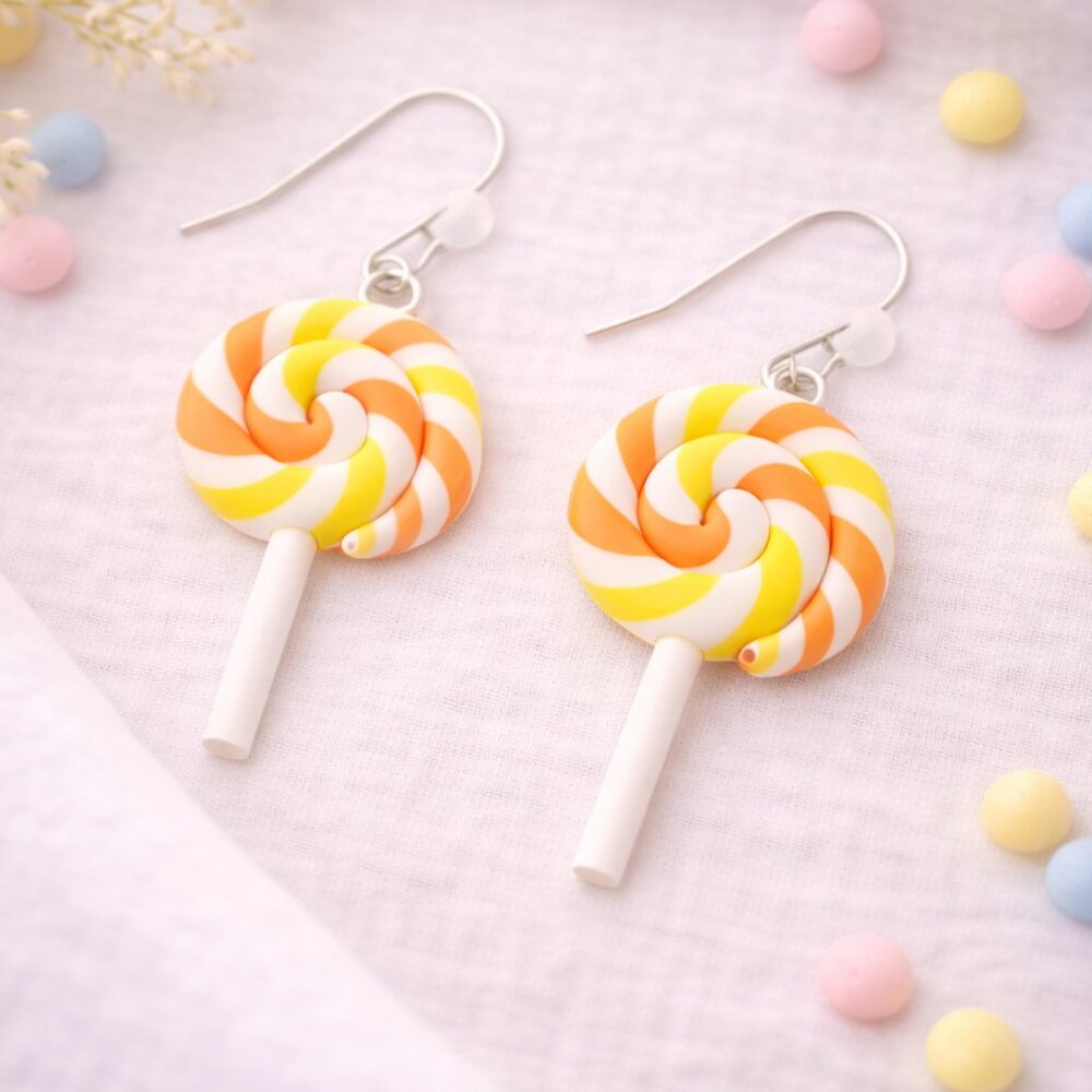 Orange Yellow Lollipop Dangle Earrings Candy Swirl Pastel